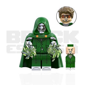 May include: A Doctor Doom minifigure wearing a green hooded cape, a silver metallic mask, and a green suit. The figure holds two translucent green energy blast accessories. An alternate head with brown hair and sunglasses is shown in a circular inset.