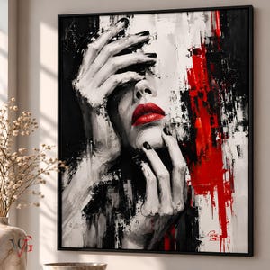 Peut inclure: Une peinture sur toile carrée présentant un portrait à fort contraste en noir, blanc et rouge. L'œuvre représente un visage partiellement masqué par des mains aux ongles peints en noir, accentué par des lèvres rouge vif et des traits rouges.