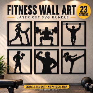 May include: A digital bundle of 23 fitness wall art laser cut SVG designs featuring black silhouettes of people exercising in square frames. The text reads FITNESS WALL ART LASER CUT SVG BUNDLE, 23 DESIGNS, and DIGITAL FILES ONLY NO PHYSICAL ITEM.