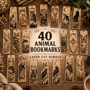 Puede incluir: Una colección de 40 marcapáginas rectangulares de madera con ilustraciones grabadas con láser de varios animales, incluyendo lobos, búhos, osos, ciervos y mariposas. Cada marcapáginas tiene un agujero en la parte superior y diseños detallados.