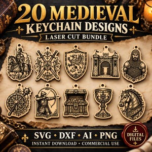 20 Medieval Laser Cut Keychain Designs Bundle (svg, dxf, png, ai)