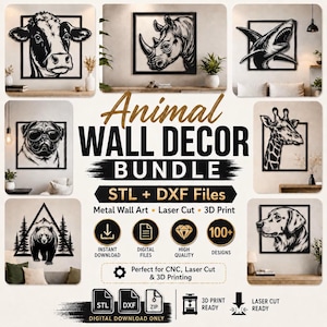 Puede incluir: Un paquete digital de decoración de pared con animales que incluye siluetas de metal negro de una vaca, rinoceronte, tiburón, pug, jirafa, oso y perro. El texto dice Animal WALL DECOR BUNDLE, STL + DXF Files, Metal Wall Art, Laser Cut, 3D Print.