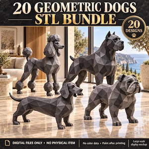 Könnte beinhalten: Ein digitales Paket mit 20 geometrischen Hundeskulpturen im STL-Format. Das Bild zeigt vier dunkelgraue, polygonale Hundefiguren, darunter einen Pudel, einen Dackel, eine Bulldogge und einen großen Hund, alle mit facettierten Oberflächen.