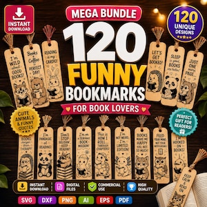 May include: A digital collection of 120 wooden-style bookmarks featuring illustrations of animals like bears, rabbits, and hedgehogs alongside humorous reading-themed quotes. The set includes various file formats for instant download.