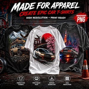 May include: Three t-shirts featuring car-themed graphic prints. The left shirt shows an off-road vehicle in mountains, the center white shirt displays a car with a red sun and cherry blossoms, and the right shirt depicts a sports car in a city.