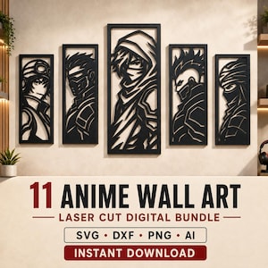 May include: A set of five black laser-cut wall art panels featuring stylized anime character portraits. The text reads 11 ANIME WALL ART LASER CUT DIGITAL BUNDLE, SVG DXF PNG AI, INSTANT DOWNLOAD. These rectangular panels display various figures.