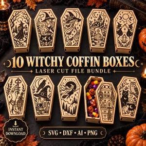 May include: A collection of ten light-colored wooden coffin-shaped boxes featuring intricate black laser-cut designs of witches, cats, owls, and mystical symbols. The text 10 WITCHY COFFIN BOXES LASER CUT FILE BUNDLE is displayed in the center.