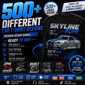 Puede incluir: Una camiseta negra con un gráfico de un coche Nissan Skyline R34 GT-R plateado con el texto SKYLINE R34, BUILT FOR SPEED MADE TO WIN y GT-R. El diseño incluye caracteres japoneses y un patrón de cuadros, presentado como parte de un paquete digital.