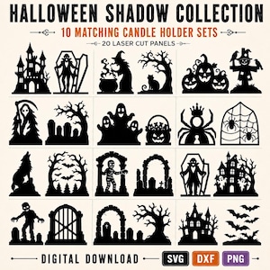May include: A digital collection titled HALLOWEEN SHADOW COLLECTION featuring 10 matching candle holder sets and 20 laser cut panels. The black silhouettes include a haunted house, vampire, witch, cat, pumpkins, scarecrow, grim reaper, ghosts, spider, and bats.