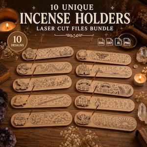 May include: A digital bundle of 10 unique laser cut incense holders featuring wooden rectangular bases with engraved designs including a hand, crystal ball, dragon, castle, bird, mushroom, wizard hat, book, cauldron, and phoenix with file formats SVG, DXF, AI, and PNG.