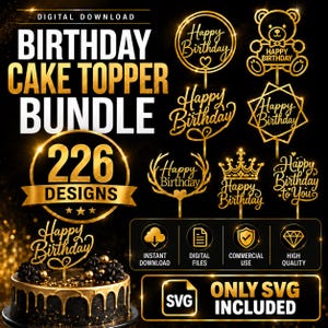 Könnte beinhalten: Ein digitales Download-Paket mit 226 goldfarbenen Geburtstagstorten-Topper-Designs, die verschiedene Schreibschriften, Symbole wie einen Teddybären, eine Krone und einen Kranz sowie den Text Happy Birthday enthalten.