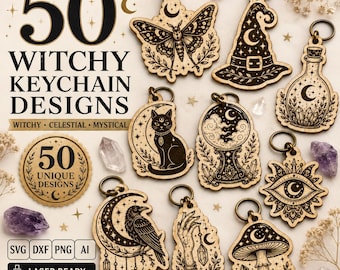 May include: A collection of wooden keychains featuring laser-engraved designs of a moth, witch hat, potion bottle, cat, crystal ball, eye, raven, hand, and mushroom. The text reads 50 WITCHY KEYCHAIN DESIGNS, 50 UNIQUE DESIGNS, SVG, DXF, PNG, AI, LASER READY, INSTANT DOWNLOAD.