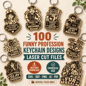Pode incluir: Uma coleção de oito porta-chaves de madeira com várias ilustrações e textos sobre profissões, incluindo frases como 'Trust me I'm a mechanic', juntamente com um texto publicitário de 100 designs divertidos de porta-chaves para corte a laser.