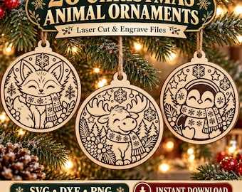 May include: Three circular wooden ornaments featuring laser-cut designs of a fox, a moose, and a penguin, each wearing a scarf. The text reads 20 CHRISTMAS ANIMAL ORNAMENTS Laser Cut & Engrave Files, SVG, DXF, PNG, and INSTANT DOWNLOAD.