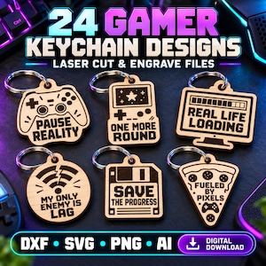 May include: Six wooden keychains featuring laser-engraved gaming designs and text including PAUSE REALITY, ONE MORE ROUND, REAL LIFE LOADING, MY ONLY ENEMY IS LAG, SAVE THE PROGRESS, and FUELED BY PIXELS, each attached to a silver metal split ring.