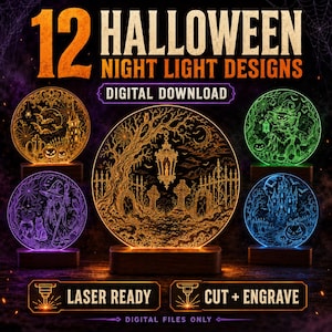 Peut inclure: Un ensemble de 12 motifs de veilleuses d'Halloween comprenant des panneaux acryliques circulaires avec des scènes gravées au laser représentant des cimetières, des sorcières et des châteaux. Fichiers numériques pour découpe et gravure.