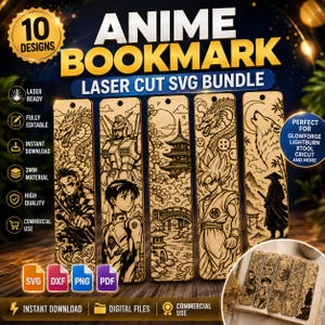 Può includere: Un pacchetto digitale di 10 design di segnalibri tagliati al laser con illustrazioni ispirate agli anime, inclusi draghi, personaggi e paesaggi. I file SVG includono etichette di testo come 10 DESIGNS, ANIME BOOKMARK e LASER CUT SVG BUNDLE.