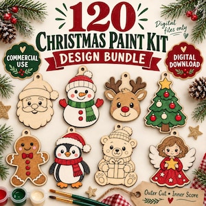 May include: A digital design bundle titled 120 Christmas Paint Kit featuring various wooden ornament shapes including Santa, a snowman, reindeer, Christmas tree, gingerbread person, penguin, bear, and angel, with two paintbrushes included.