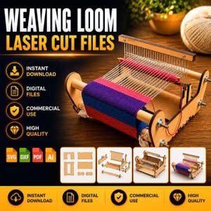 May include: A wooden weaving loom with metal hardware and a partially woven fabric strip in purple, blue, and pink. The image includes text reading WEAVING LOOM LASER CUT FILES, INSTANT DOWNLOAD, DIGITAL FILES, COMMERCIAL USE, HIGH QUALITY, SVG, DXF, PDF, AI.