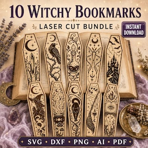 Peut inclure: Un ensemble numérique de 10 marque-pages en forme de cercueil avec des illustrations au trait noir détaillées, incluant un corbeau, un papillon, une sorcière, un chat, une potion et un château. Texte : 10 WITCHY BOOKMARKS LASER CUT BUNDLE.