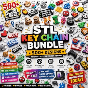 Pode incluir: Uma coleção digital de mais de 500 designs de chaveiros STL com vários personagens, logotipos e ícones coloridos. O pacote inclui etiquetas de texto como STL KEYCHAIN BUNDLE, 500+ UNIQUE DESIGNS e START CREATING AMAZING THINGS TODAY.