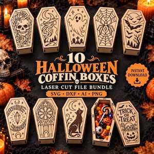 May include: A collection of ten wooden coffin-shaped boxes featuring laser-cut designs including a skull, witch, ghost, spider web, bats, skeleton hands, gothic window, cat, and a jack-o'-lantern with the text Trick or Treat.
