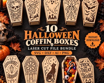 Puede incluir: Una colección de diez cajas de madera con forma de ataúd que presentan diseños cortados con láser, incluyendo una calavera, bruja, fantasma, telaraña, murciélagos, manos de esqueleto, ventana gótica, gato y una calabaza con el texto Trick or Treat.