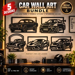 Può includere: Un pacchetto digitale di 5 design di arte murale per auto con illustrazioni in bianco e nero di vari veicoli sportivi e classici in cornici rettangolari. Il testo include CAR WALL ART BUNDLE, 5 DESIGNS, INSTANT DOWNLOAD e LIFE IS BETTER IN A FAST CAR.