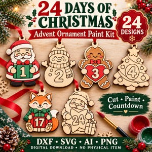 May include: A 24 Days of Christmas advent ornament paint kit featuring wooden cutouts of Santa, a snowman, a gingerbread person, a tree, and a fox. The set includes numbered designs from 1 to 24, a paintbrush, and red and green paint pots.