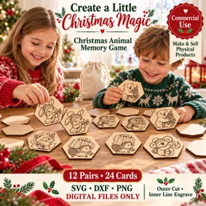 Peut inclure: Un jeu de mémoire de 24 cartes hexagonales en bois avec des illustrations gravées d'animaux comme un ours, un lapin, un hérisson et un pingouin. Le texte indique Create a Little Christmas Magic, Christmas Animal Memory Game, 12 Pairs, 24 Cards, SVG, DXF, PNG, Digital Files Only, Commercial Use, Make & Sell Physical Products.