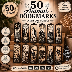 Puede incluir: Un paquete digital de 50 diseños de marcapáginas de animales para corte láser, con etiquetas rectangulares de madera con ilustraciones grabadas en negro de un búho, lobo, pingüino, panda, águila, caballito de mar, zorro, flamenco, tucán, ardilla, nutria y tortuga.