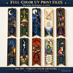 May include: Ten vertical rectangular bookmarks featuring fantasy illustrations including a black cat, a castle, an owl, a dragon, and a fox. Each bookmark displays unique artwork and inspirational text such as Good Books Brighter Days and Stories Unlock Brighter Worlds.