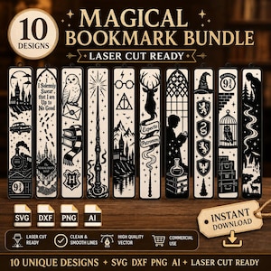 May include: A digital collection of 10 vertical bookmark designs featuring black and white illustrations of fantasy themes including castles, owls, wands, and magical symbols. The text includes phrases like I Solemnly Swear that I am Up to No Good.