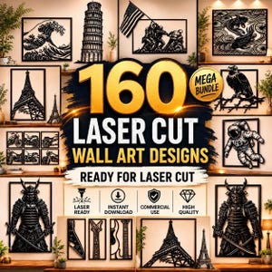 Peut inclure: Une collection numérique de 160 motifs d'art mural découpés au laser présentant des silhouettes noires d'icônes comme la tour Eiffel, des samouraïs, des astronautes, des motos et des carpes koï, avec le texte 160 LASER CUT WALL ART DESIGNS.