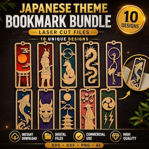 May include: A digital bundle of 10 laser cut bookmark designs featuring Japanese themes including a samurai, dragon, fox, koi fish, crane, pagoda, and mask. The rectangular bookmarks are displayed with colourful backings and include file formats.