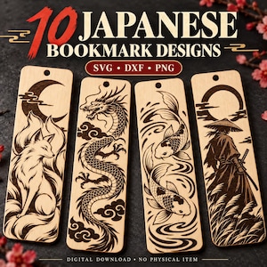 May include: Four rectangular wooden bookmarks featuring laser-engraved designs including a fox with a crescent moon, a dragon, two koi fish, and a samurai. The text reads 10 JAPANESE BOOKMARK DESIGNS SVG DXF PNG. Each bookmark has a hole at the top.