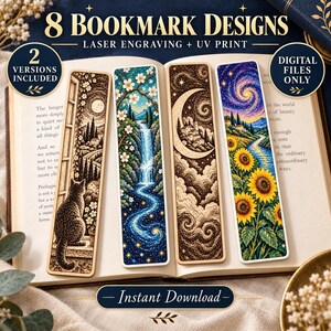 May include: Four rectangular bookmarks featuring artistic designs: a cat looking at a moonlit landscape, a waterfall with flowering branches, a crescent moon over a village, and a swirling sky above sunflowers. Text includes 8 BOOKMARK DESIGNS.