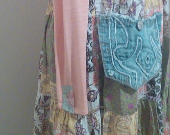 Upcycled Boho Patchwork Babydoll Dress Tunic, L-XL, Artsy Bohemian Top