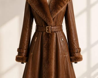 May include: A brown long coat featuring a large fur collar, fur-trimmed cuffs, and a fur-lined hem. The coat includes a matching belt with a gold buckle, quilted detailing on the sleeves, and vertical zippered pockets on the front torso.
