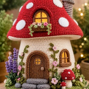 Può includere: Una casa a forma di fungo all'uncinetto con cappello rosso a pois bianchi, gambo beige, porta ad arco marrone e gradini in pietra. La struttura include finestre illuminate, un camino e fiori e vegetazione decorativi all'uncinetto.