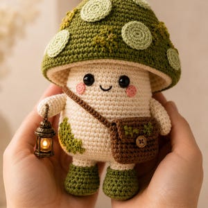 May include: A crochet mushroom figure with a large olive green cap featuring light green spots, a cream-coloured body, and dark green feet. The figure wears a brown crossbody bag with a button and holds a small, lit, antique-style metal lantern.
