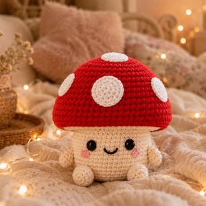 Puede incluir: Un juguete de peluche de hongo tejido a ganchillo con un sombrero rojo brillante con puntos circulares blancos y un tallo color crema. El tallo tiene dos ojos de cuentas negras, una pequeña sonrisa negra bordada y dos círculos rosas en las mejillas.