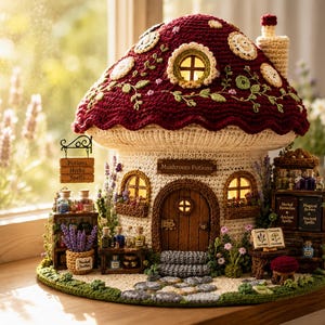Puede incluir: Una casa de hongo tejida a crochet con sombrero rojo oscuro, paredes color crema y puerta marrón. Incluye estantes en miniatura con frascos de vidrio, un letrero que dice Potions Herbs Spells, una placa Mushroom Potions y libros de Herbal Remedies.