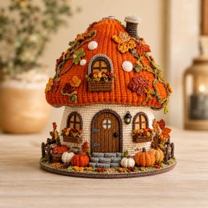 May include: A crochet mushroom-shaped house featuring an orange cap adorned with green vines and autumn leaves. The cream-colored base includes a brown arched door, three windows with flower boxes, and a base decorated with pumpkins and foliage.