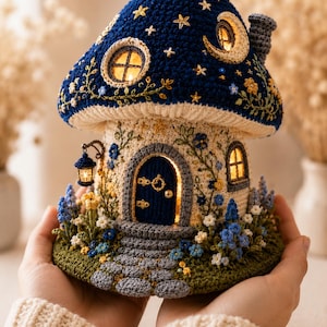 Puede incluir: Una casa de ganchillo con forma de seta con un sombrero azul oscuro que presenta estrellas y una luna creciente bordadas. La base color crema tiene una puerta azul oscuro, un camino de piedra, una pequeña linterna y detalles florales.