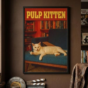 Funny Pulp Kitten Parody Poster, Vintage Cinema Art, Vintage Film Decor, Quirky Cat Print, Movie Buff Gift, Film Buff Gifts, Cat Dad Gift