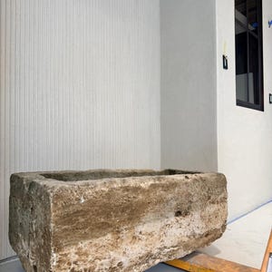 May include: A rectangular stone trough with a weathered, porous, and textured surface in shades of beige and light brown. The basin features thick, uneven walls and a deep, hollowed-out center, showcasing natural mineral deposits and rough edges.