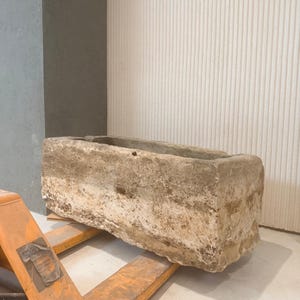 May include: A large, rectangular, weathered stone trough with a rough, porous texture and natural beige and grey color variations. The heavy basin features thick, uneven walls and a deep, hollowed-out center, resting on a bright orange metal pallet jack.