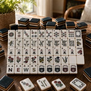American Mahjong Set Teal Brown Layered Tiles Floral Game Gift