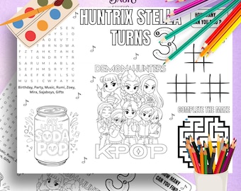 Hoja de actividades para niños con mantel individual de Kpop para cumpleaños